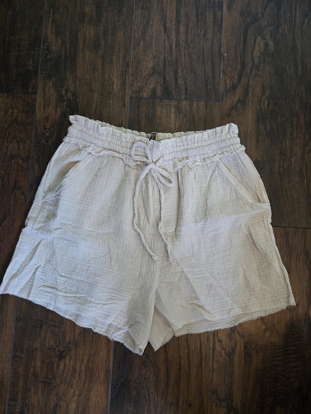 Zenana Outfitters Light Cream High-Waist Drawstring Shorts
